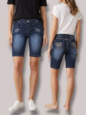 ❤️ Women's Dark Wash Low-Rise Embellished Denim Bermuda Shorts